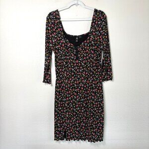 Volcom Stone Steezee Mini Dress Womens L Black Multi Floral Print Stretch NWT